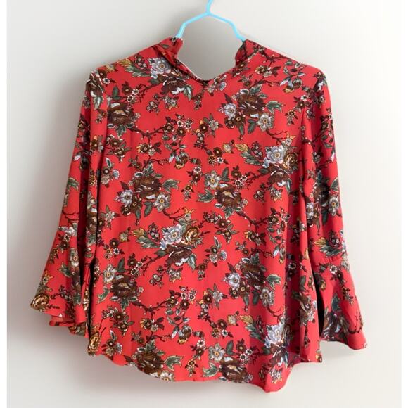 Monteau Los Angeles Women's MEDIUM Coral Red Floral Pullover Blouse Keyhole Boho - Picture 2 of 3